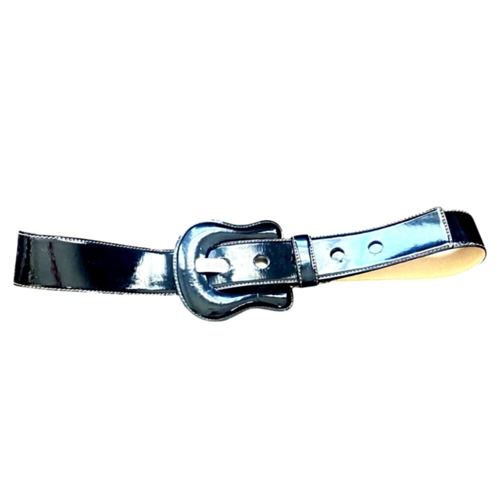 Vintage XL Guess Black Patent Leather Wide Belt Oversized Buckle Y2K